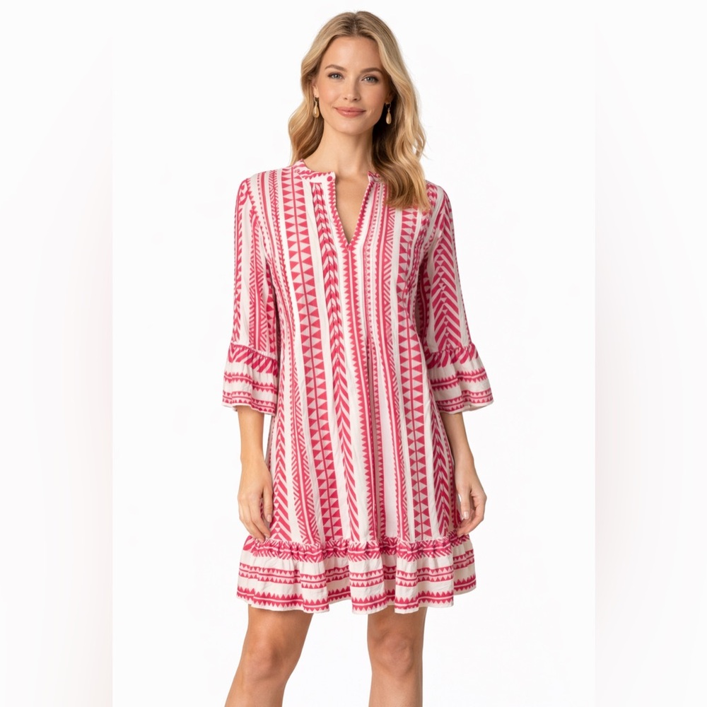 BG Boo Gemes Dress S Small Pink White 3/4 Long Sleeve Cotton Washable